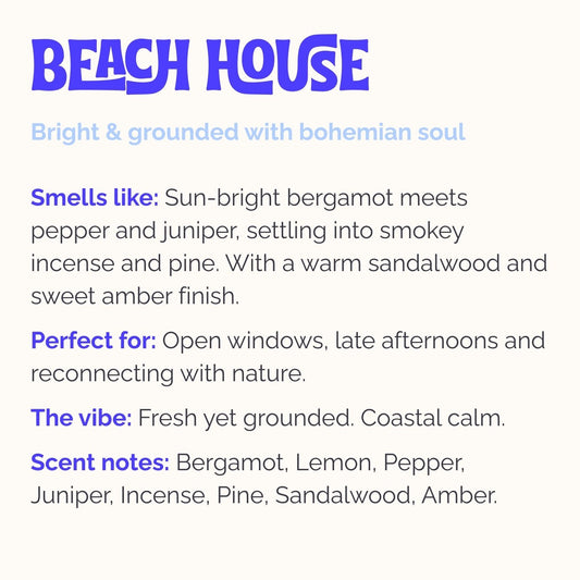 Text description of Lo-Fi Rituals incense 'Beach House' fragrance with details on scent, usage, and vibe.