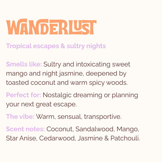 Lo-Fi Rituals Wanderlust natural incense product description detailing tropical scent and warm, sensual ambiance.