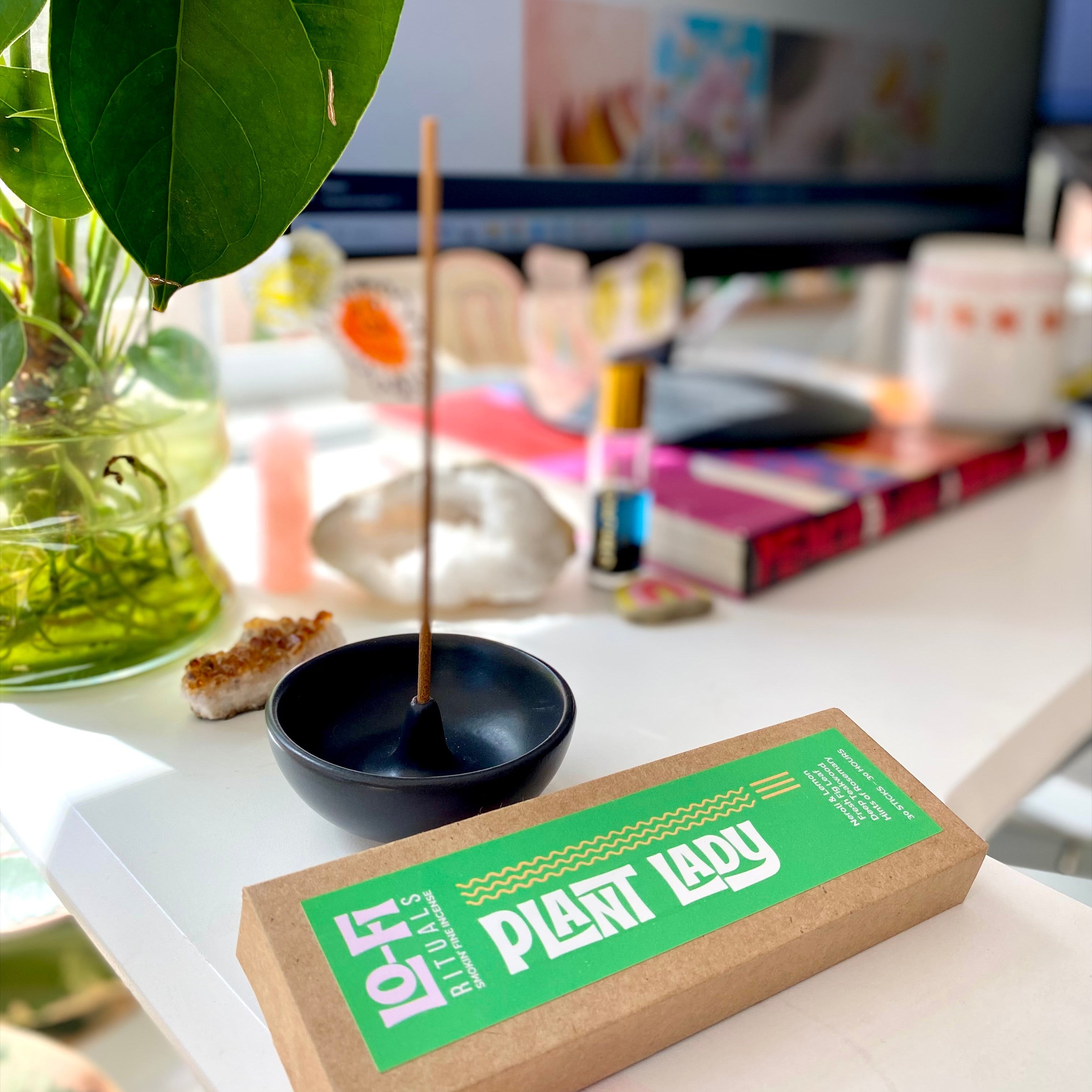 Incense stick in a black ceramic holder with Lo-Fi Rituals Plant Lady packaging on a bright and colourful desk alongside a plant.