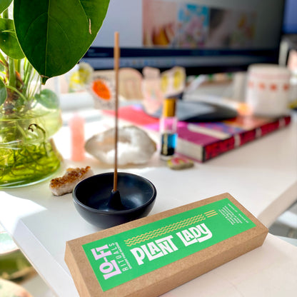 Incense stick in a black ceramic holder with Lo-Fi Rituals Plant Lady packaging on a bright and colourful desk alongside a plant.