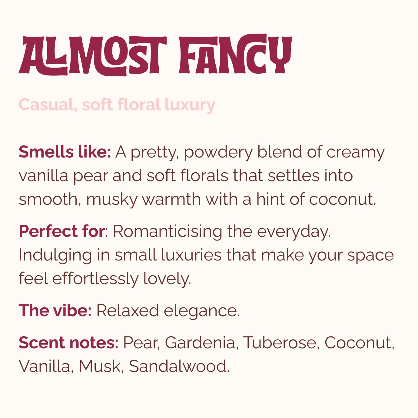 Product description card for Lo-Fi Rituals incense scent 'Almost Fancy' with scent and lifestyle use notes