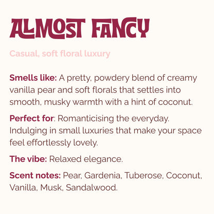 Product description card for Lo-Fi Rituals incense scent 'Almost Fancy' with scent and lifestyle use notes