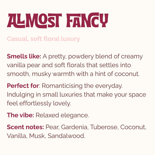 Product description card for Lo-Fi Rituals incense scent 'Almost Fancy' with scent and lifestyle use notes