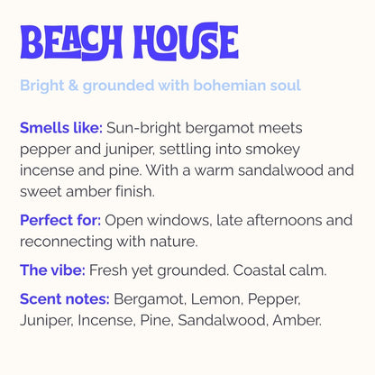 Text description of  Lo-Fi Rituals incense 'Beach House' fragrance with details on scent, usage, and vibe.
