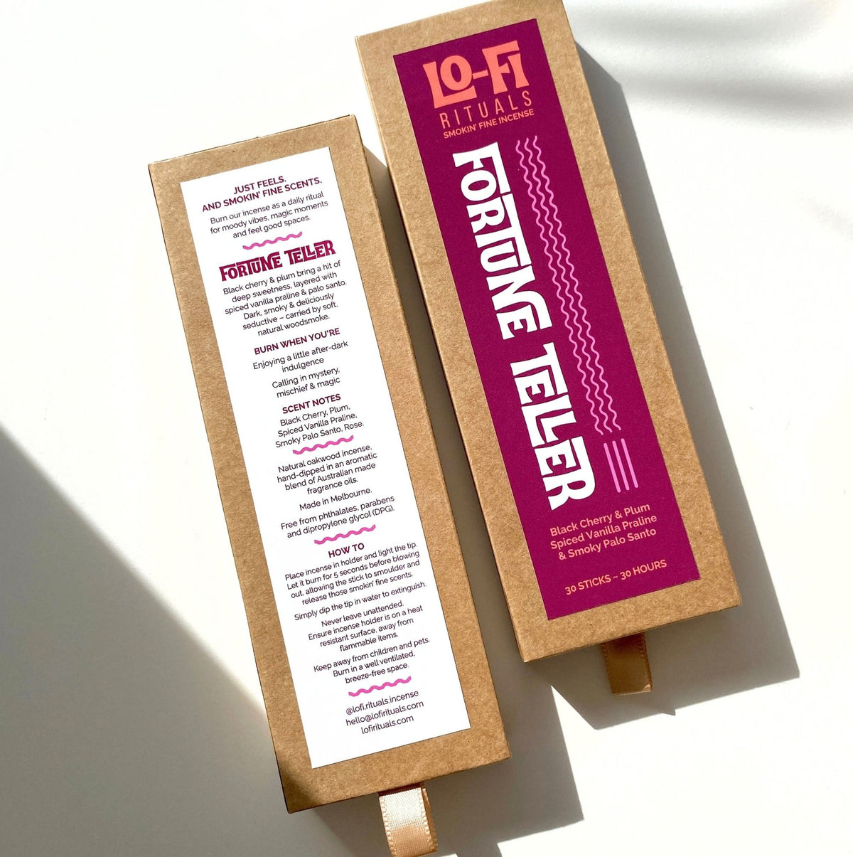 Front and back labels side by side of the Lo-Fi Rituals Fortune Teller incense box, scent description visible