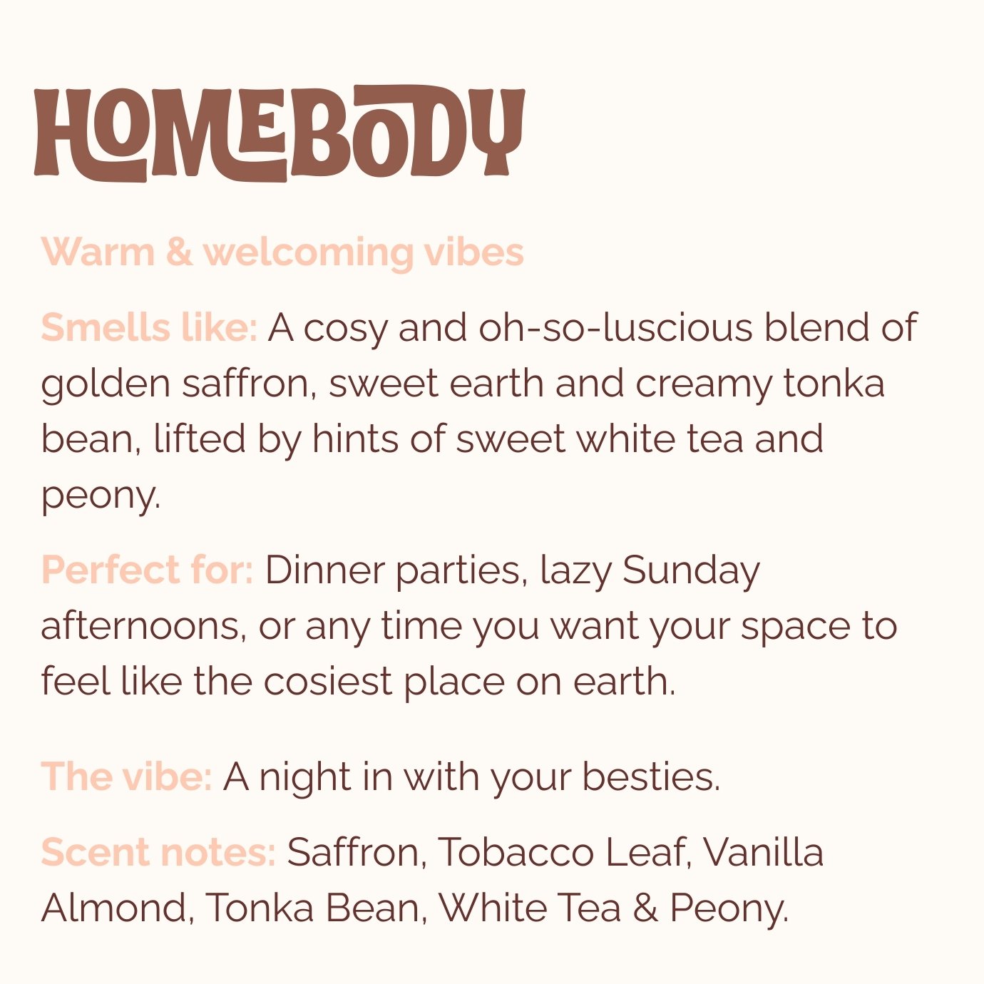 Text description of natural incense 'Homebody' by Lo-Fi Rituals with scent notes referencing tobacco, vanilla and saffron.