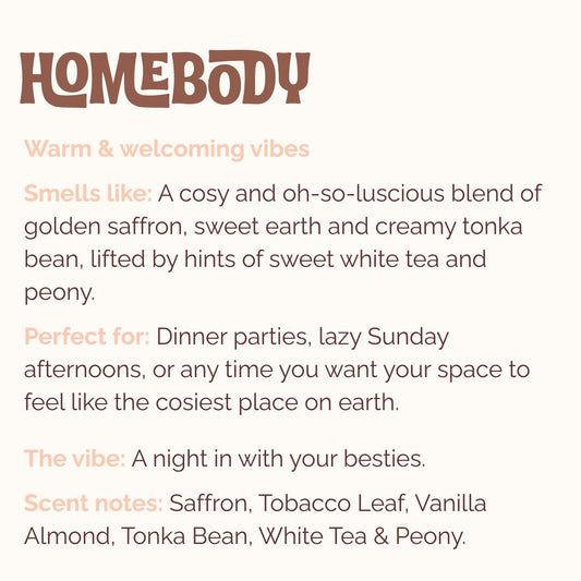 Text description of natural incense 'Homebody' by Lo-Fi Rituals with scent notes referencing tobacco, vanilla and saffron.