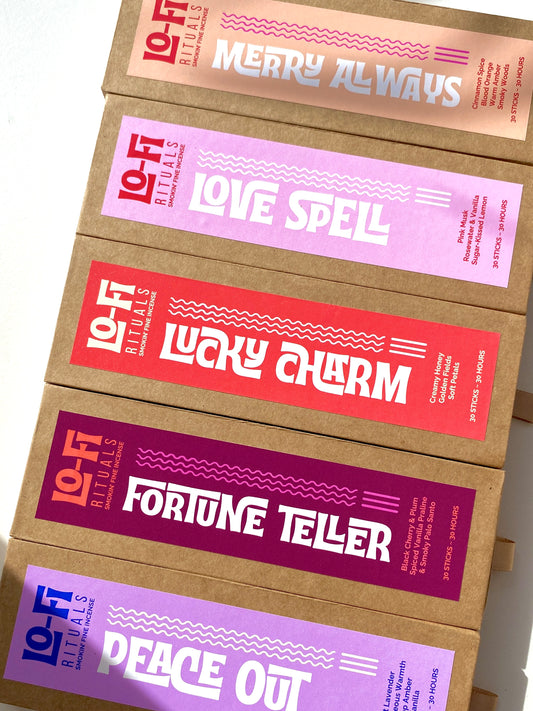 Pile of Lo-Fi Rituals incense boxes, a fun and colourful bundle of products featuring modern, colourful labels