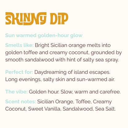 Product description for Lo-Fi Rituals 'Skinny Dip' incense with text details on scent notes of orange, sandalwood, toffee and coconut.