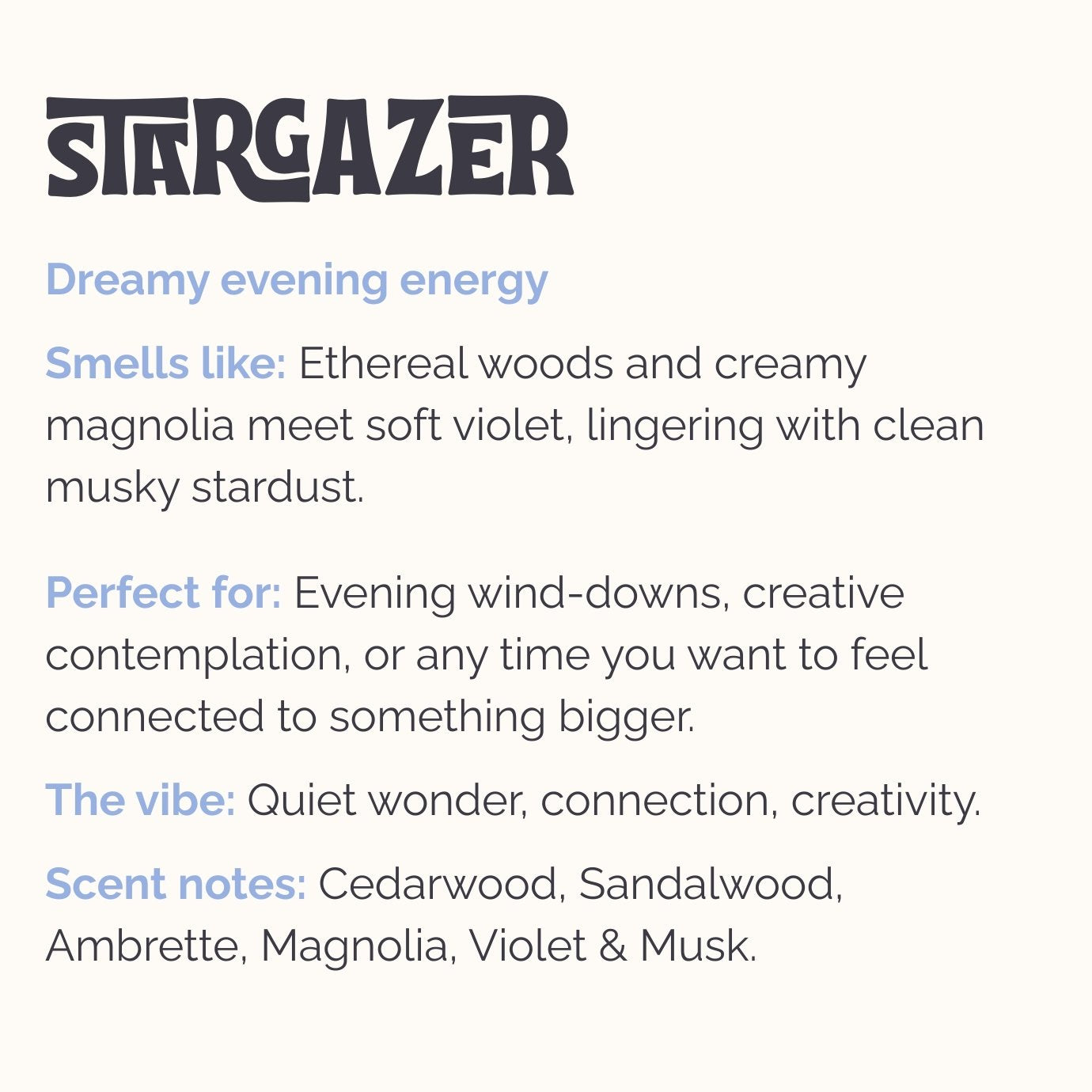 Scent notes for dreamy incense 'Stargazer' by Lo-Fi Rituals, with text details on scent notes including cedarwood, sandalwood, violet and musk.