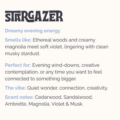 Scent notes for dreamy incense 'Stargazer' by Lo-Fi Rituals, with text details on scent notes including cedarwood, sandalwood, violet and musk.
