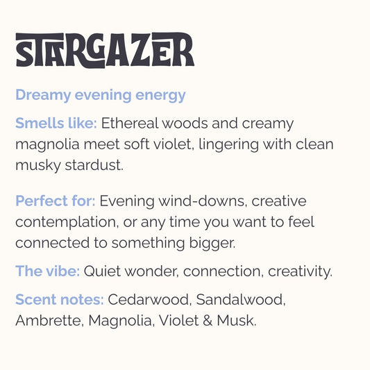 Scent notes for dreamy incense 'Stargazer' by Lo-Fi Rituals, with text details on scent notes including cedarwood, sandalwood, violet and musk.