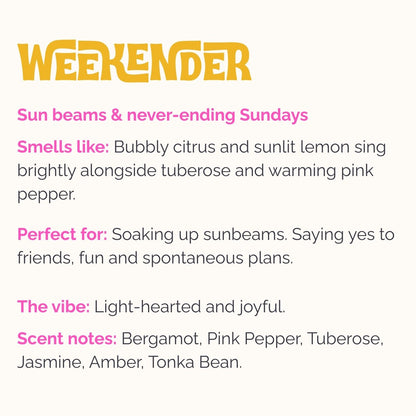 Product description for Lo-Fi Rituals incense 'Weekender'detailing a sunny, bubbly citrus and tuberous scent.