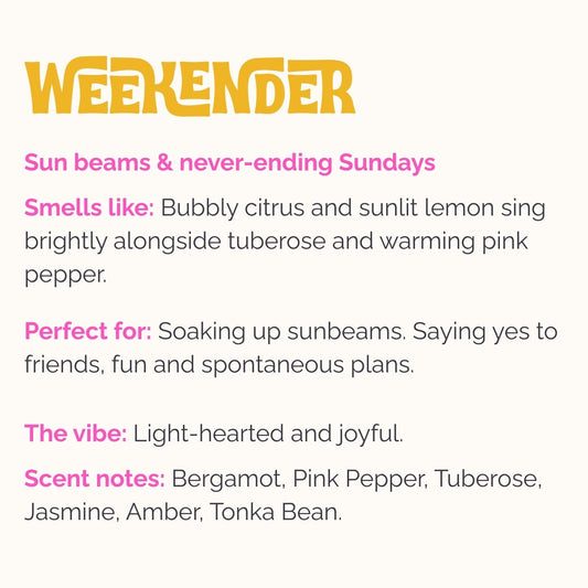 Product description for Lo-Fi Rituals incense 'Weekender'detailing a sunny, bubbly citrus and tuberous scent.