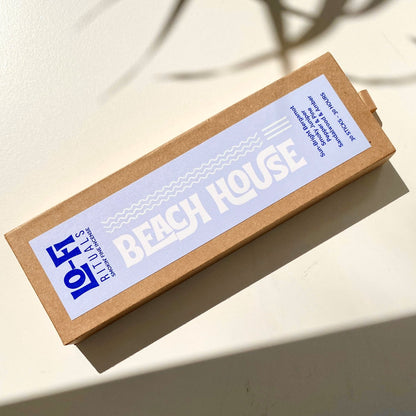 Premium kraft box with modern, colourful label for Lo-Fi Rituals Beach House incense