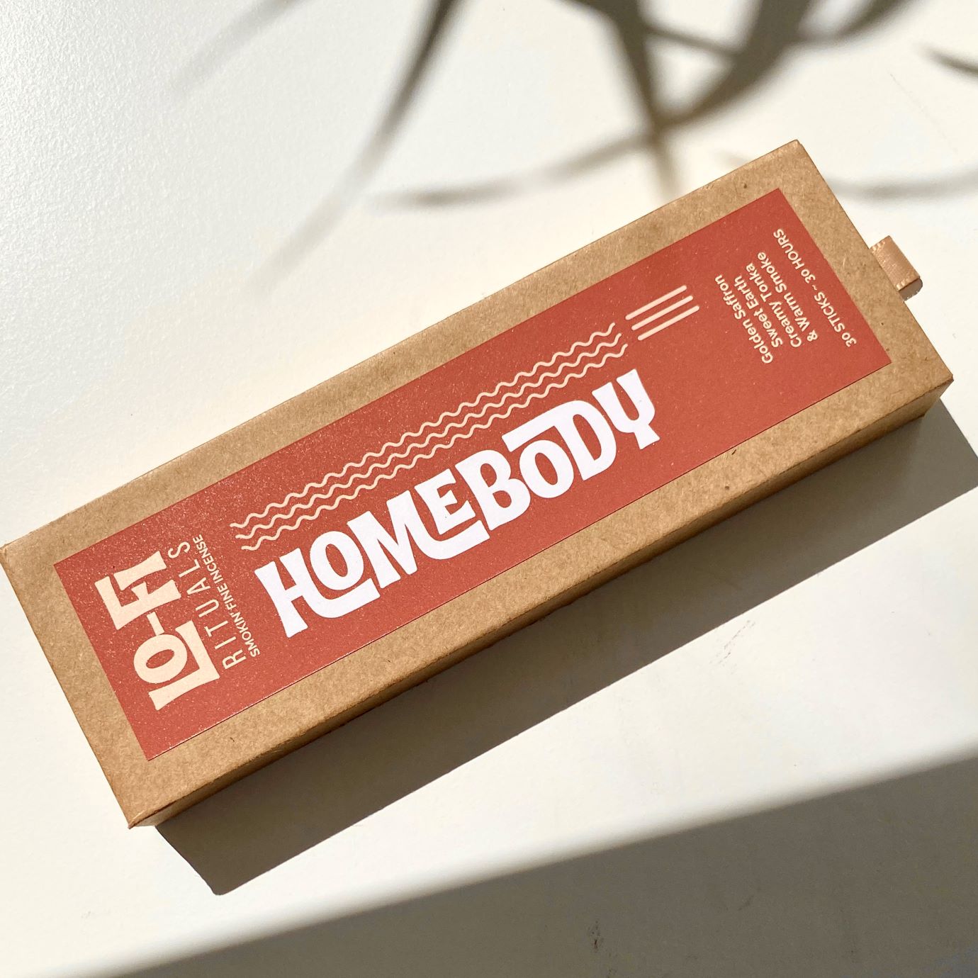 Hero image of Lo-Fi Rituals Homebody incense in bright sunlight on a white background, casting moody aesthetic shadows