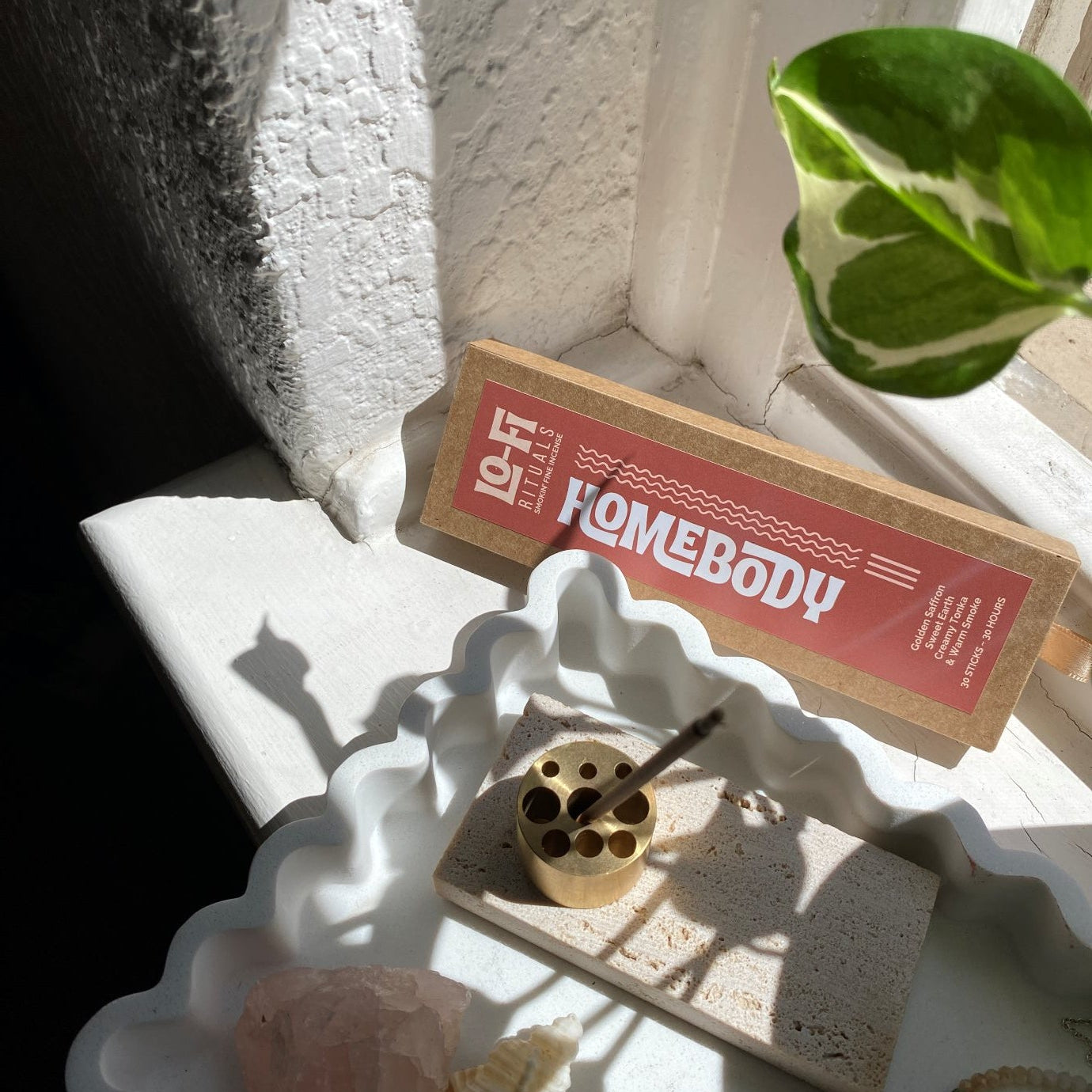 Lo-Fi Rituals Homebody incense product packaging on a styled ceramic tray, featured in a sunlit window next to a plant