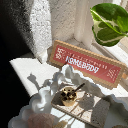 Lo-Fi Rituals Homebody incense product packaging on a styled ceramic tray, featured in a sunlit window next to a plant