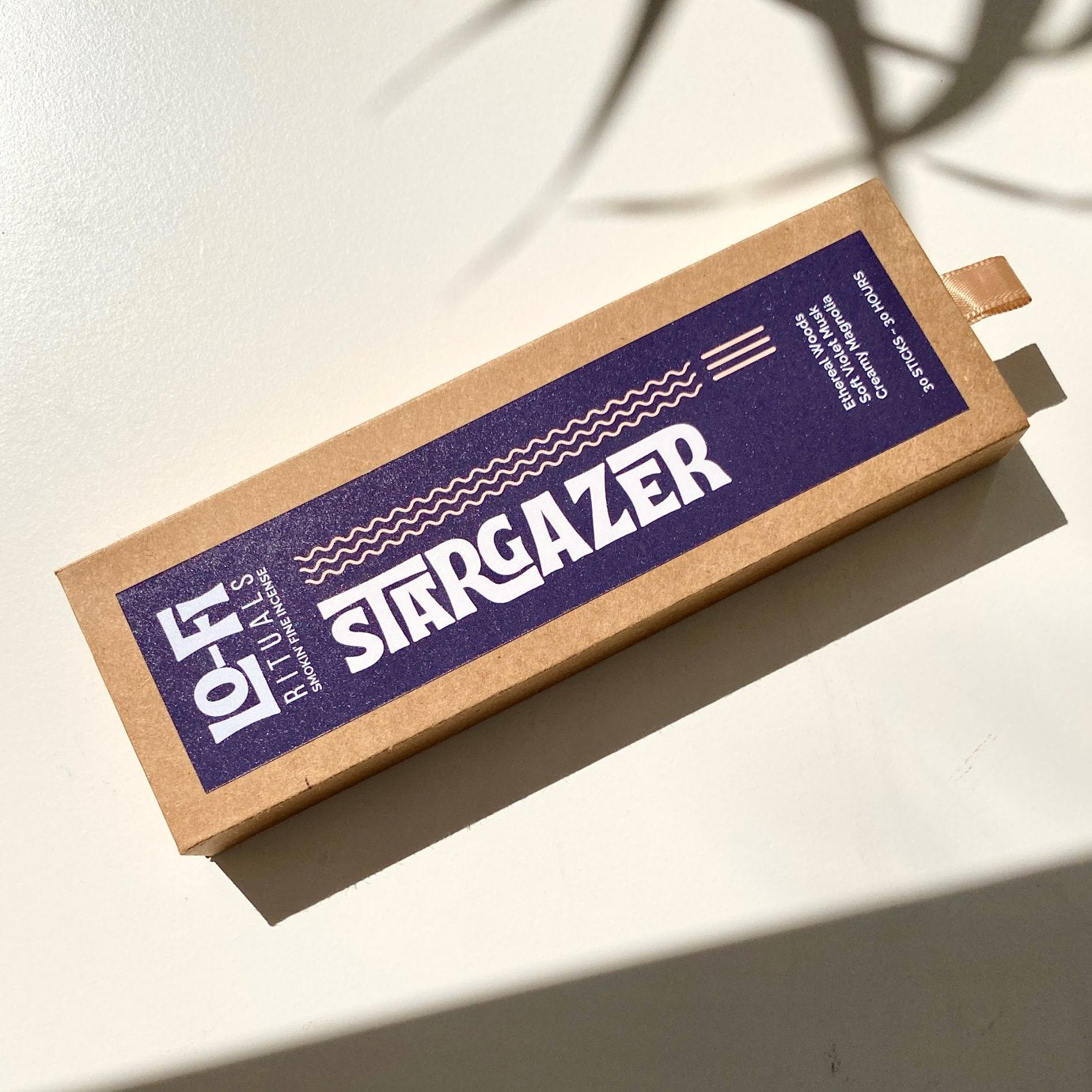Lo-Fi Rituals Stargazer incense box with bold modern label on a white background in bright morning sun, casting shadows