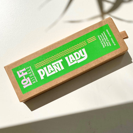 Premium kraft box with bold, modern Lo-Fi Rituals Plant Lady incense label, featured in morning sunlight and shadows on a white background