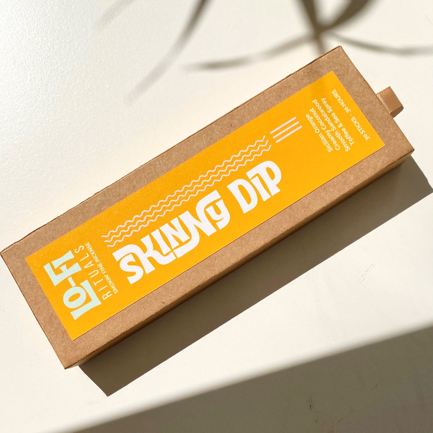 Bold and modern label on a kraft box holding Lo-Fi Rituals Skinny Dip incense. Captured in morning sun and shadows on a light background.