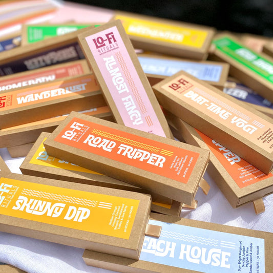 Pile of Lo-Fi Rituals incense boxes, a fun and colourful bundle of products featuring modern, colourful labels